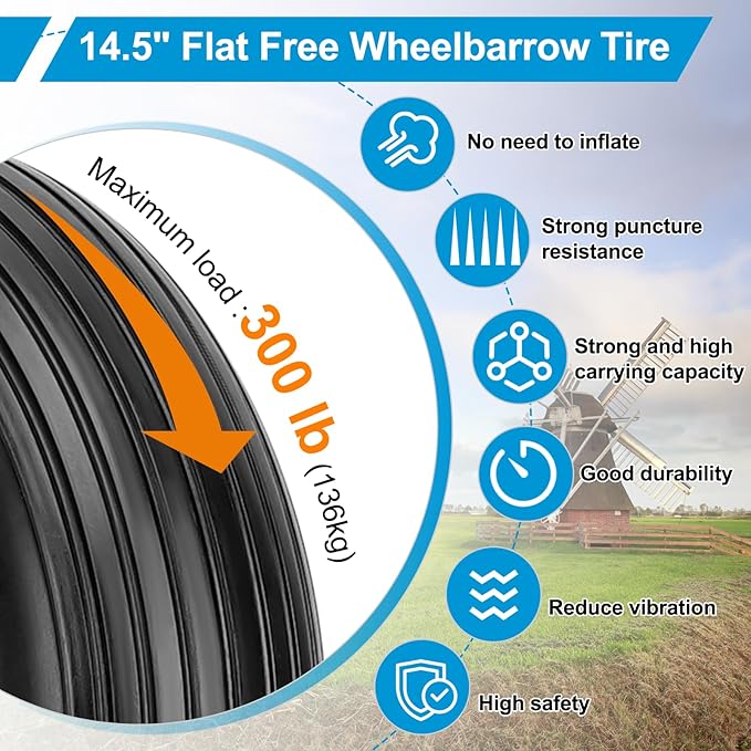 Cenipar 4.80/4.00-8" Flat Free Tire and Wheel 14.5" Solid Flat-Free Replacement Tire with 5/8" or 3/4" Axle Borehole,3-7" Adjustable Centered Hub for Wheelbarrow Hand Truck Garden Trailer and Trolley
