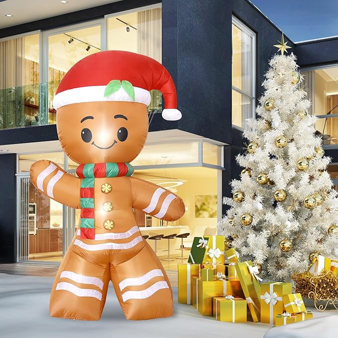 DearSun 8FT H Lovely Giant Christmas Inflatable Gingerbread Man with Build-in LED Lights, Blow up Christmas Inflatable Outdoor Indoor Decorations Large Party Yard Decoration