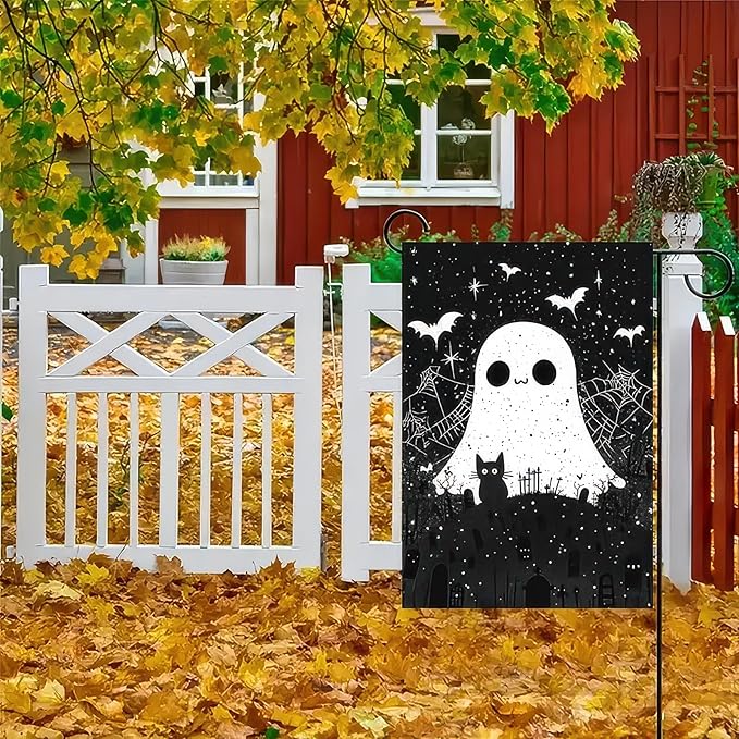 Scary Halloween Garden Flag 12x18 Inch Double Sided Cute Ghost Cat Flags Black White Graveyard Bat Spiderweb Banner Small Yard Flag for Halloween Outdoor Decoration