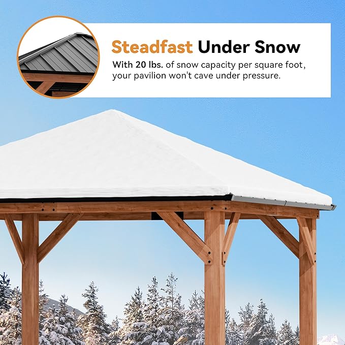 Modern Shade Tranquil Grove Wood Gazebo 10' x 10', Grill Gazebo with Galvanized Steel Roof, Mosquito Netting and Curtains, Permanent Hardtop Pavilion with Sturdy Hooks for Garden, Backyard