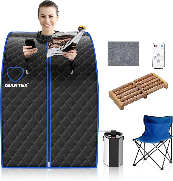 Giantex Portable Steam Sauna, Personal Therapeutic Sauna for Detox, Temperature & Timer Adjustable, 800W Sauna Box Spa w/Chair, 3L Steamer,Massage Roller,Mat,Remote Control, Home Sauna Tent (Black)