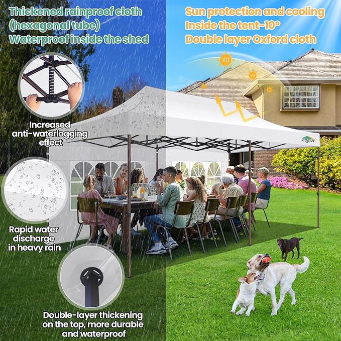 COBIZI 10x20 Pop Up Heavy Duty Canopy with 6 Sidewalls and Hexagonal Legs, Easy up Tent for Parties, Commercial and Wedding, Outdoor Canopy with Roller Bag, Sand Bags, Waterproof & UPF50+ (White)
