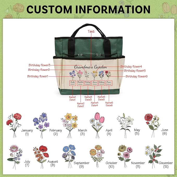 Personalized Garden Tools Set for Women: Custom Text Garden Tool Bag and Garden Shovel & Transplant Shovel & Hand Rake - Gardening Gifts for Mom Grandma Gardening Lover (6 Flowers)