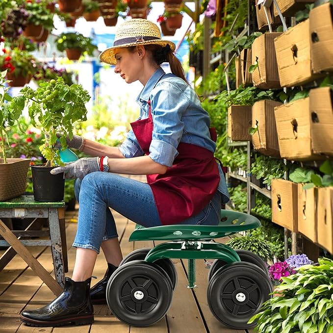Rolling Garden Seat, Garden Cart with 360° Swivel Work Seat & Adjustable Height, Heavy Duty Garden Seat with Wheels for Lawn Yard Patio Greenhouse Planting Cleaning (Green)