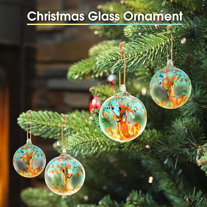 Hand Blown Glass Ball, 4" Gazing Glass Christmas Ornaments, Hanging Tree of Life Witch Balls for Home Outdoor Window Patio Garden Décor（Blue）