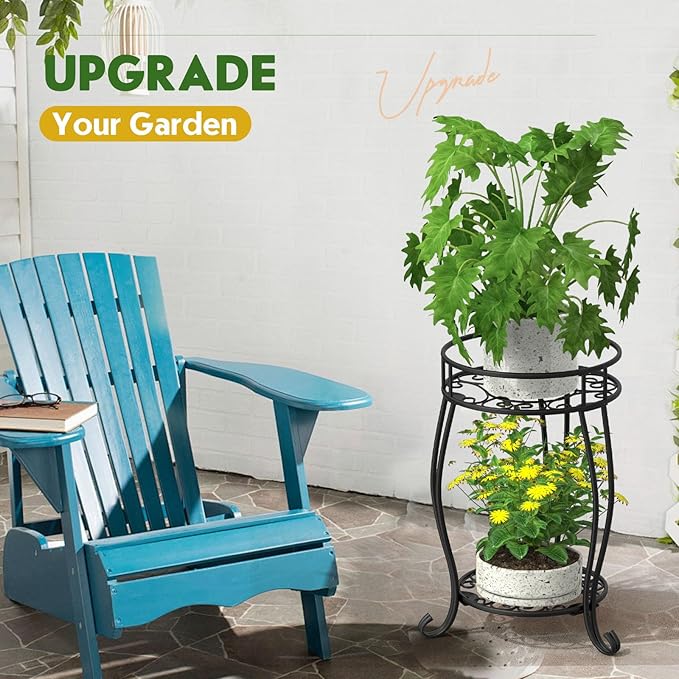 2 Tier Metal Plant Stand Indoor Outdoor , Rustproof Stable Plant Stands Multiple Plant Rack Holder Flower Pot Stand for Living Room Balcony Garden Patio Bedroom (Black, 19.5)