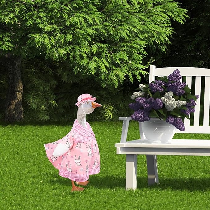 Porch Goose Outfits Cute Pink Rabbit Print, Porch Statue Goose Clothes with Hat for 23" Cement/Plastic Lawn Geese Statue Outdoor Patio Yard Lawn Art Decor Garden