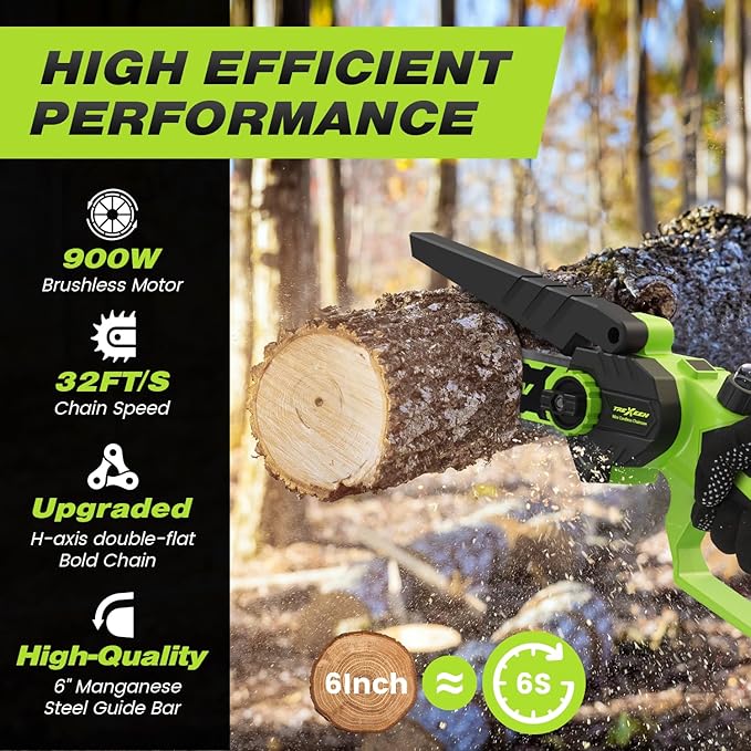 Mini Chainsaw, 6-Inch Electric Chainsaw Cordless, Upgraded 900W Brushless Portable Handheld Small Chain Saw with Auto Chain Regulator & Auto Oiler for Wood Cutting/TreeTrimming/Courtyard (Green)