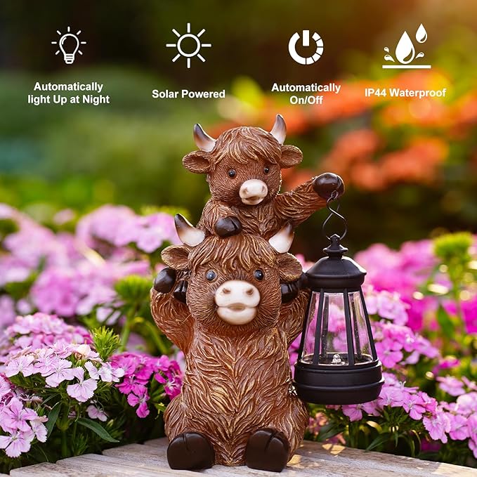 Solar Highland Cow Garden Decor - Resin Cow Statue with Solar Lantern Outdoor Yard Patio Decor - Ideal Gifts for Women,Mom Men (Copper)