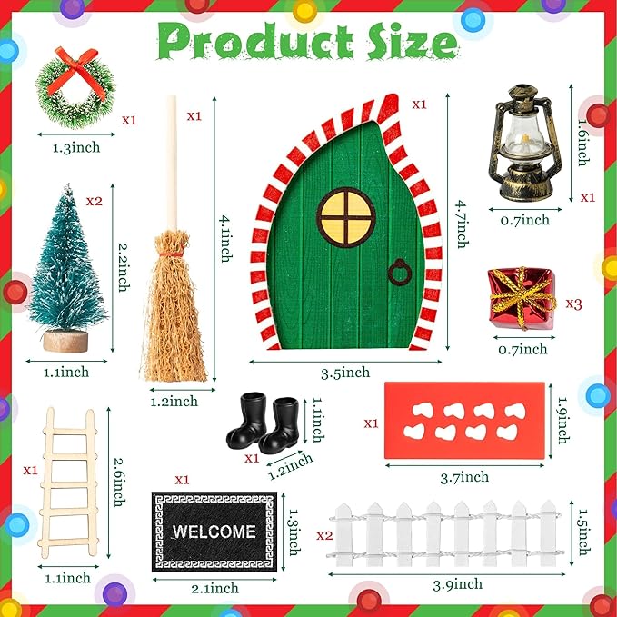 Haooryx Christmas Elf Garden Miniatures - 16Pcs Christmas Elf Magic Fairy Doors Decoration Kit Wooden Miniature Fairy Doors Wall Fairies Christmas Winter Xmas New Year Decor(Bevel Angle Doorframe)