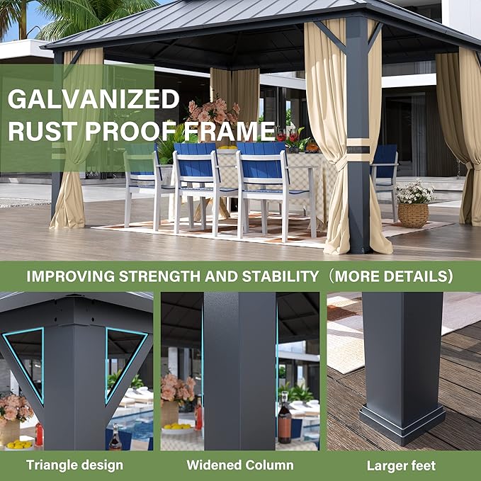 12' x 14' Hardtop Gazebo,Outdoor Galvanized Steel Metal Double Roof Gazebo with Curtains and Netting for Patios, Gardens, Lawns,Khaki