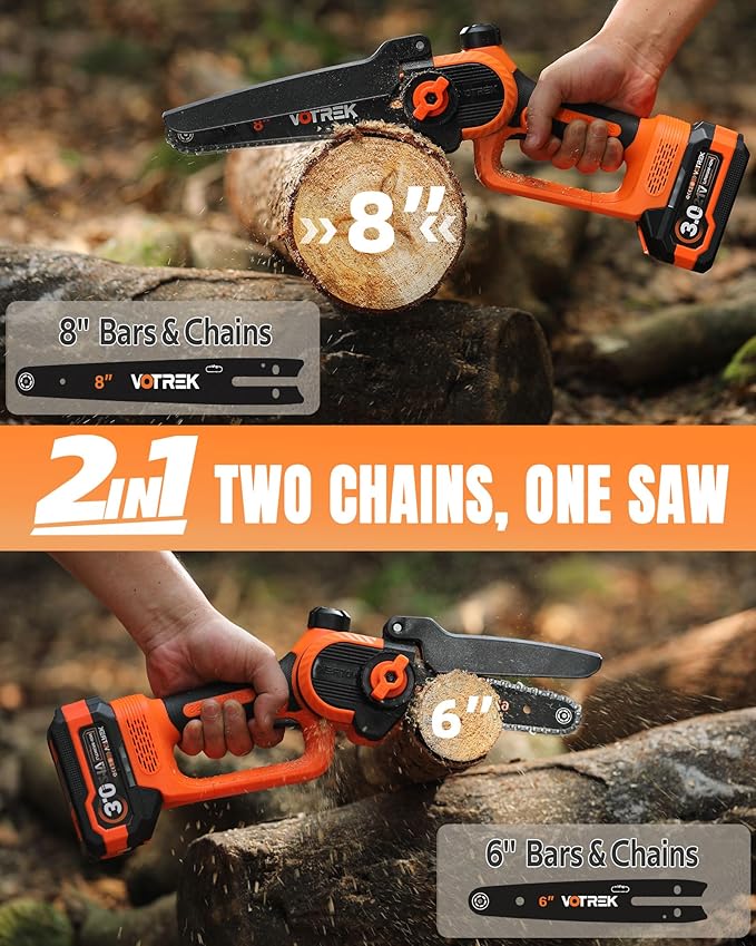 8" & 6" Chainsaw Cordless with 2x3.0AH Batteries, [2-in-1] Powerful Brushless Electric Mini Chain Saw Set (2 Chains& 2 Bars), Handheld Small Hand Saw for Branch Wood Cutting Tree Trimming, Gift