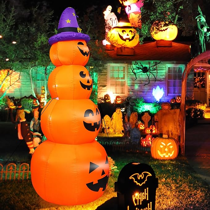DearSun 8FT H Halloween Inflatable Stacked Pumpkins with Witch’s Hat, Blow up 4 Pumpkins Inflatable with Build-in LED Lights Outdoor Decorations Large Party Yard Decoration