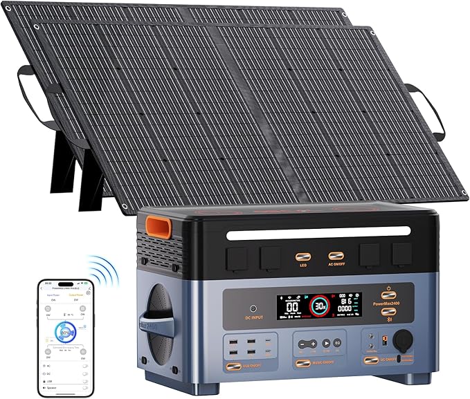 OSCAL 2400W Solar Power Station with 2x100W Solar Panels PowerMax 2400, 1872Wh Battery Generator with 4 AC Outlets (5000W Peak), 1.45H Full Charging, APP Control Battery Backup for Home, Camping&RVs