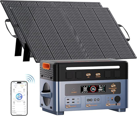 OSCAL 2400W Solar Power Station with 2x100W Solar Panels PowerMax 2400, 1872Wh Battery Generator with 4 AC Outlets (5000W Peak), 1.45H Full Charging, APP Control Battery Backup for Home, Camping&RVs
