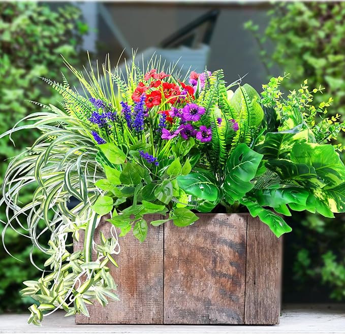 14 Bundles Artificial Plants Outdoor UV Resistant, Fake Greenery Plant Flower, Faux Boxwood Boston Fern Shrubs Bushes with Plastic Stems & Flowers for Garden, Porch, Planter, Patio, Xmas Decor