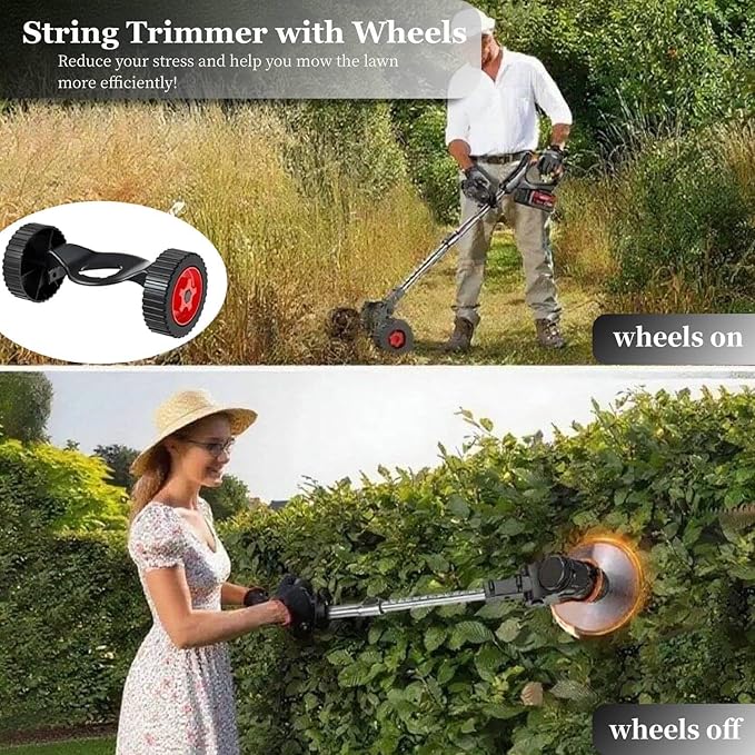 21V Electric Weed Wacker with Wheel, Cordless Weed Eater with 2 x Batteries & 1 Charger, 3 in 1 Grass String Trimmer/Brush Cutter/Edger, Stringless Lightweight Weed Trimmer for Garden, Yard and Lawn
