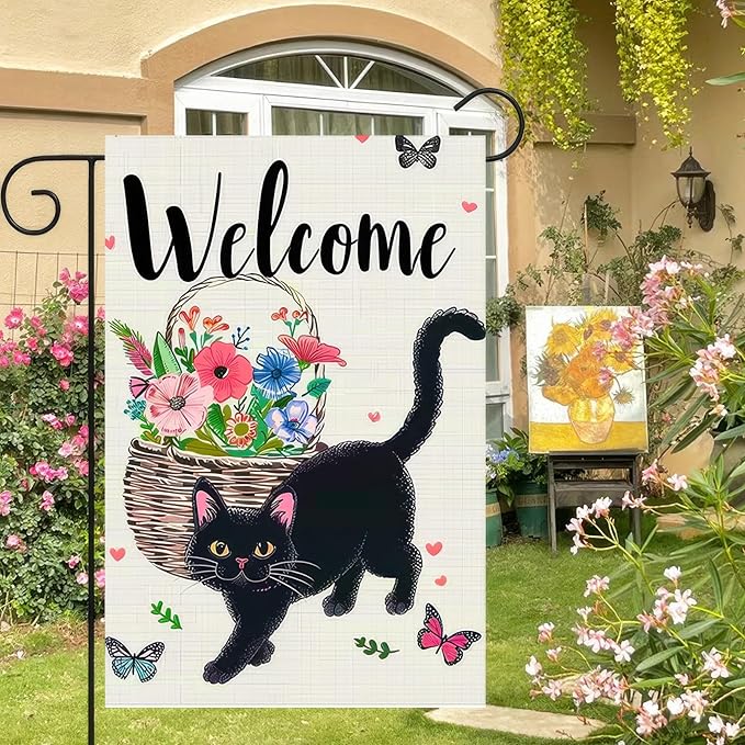 Welcome Cat Garden Flag 12x18 Inch Cute Black Cat Colorful Floral Butterfly Basket Double-Sided Yard Decoration for Outdoor Garden Patio Yard Spring Summer Décor