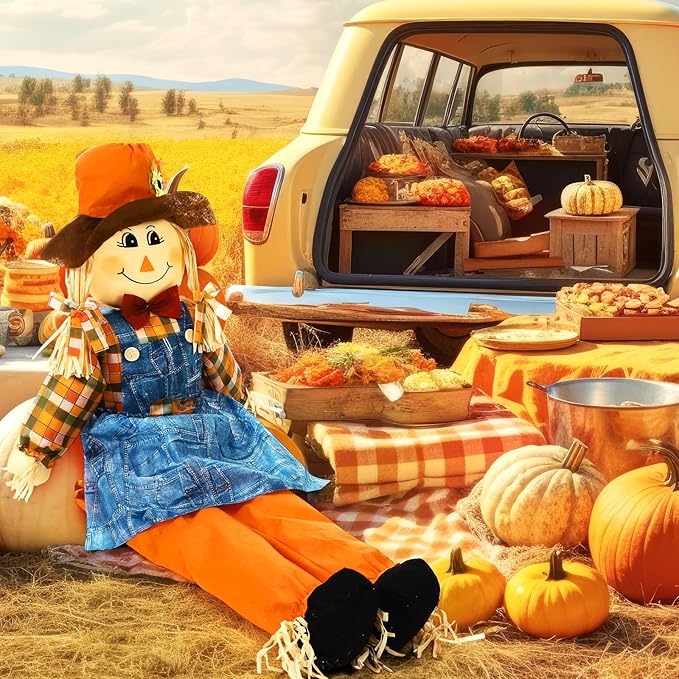Marsui 1 Pcs 59" Large Outdoor Scarecrow Fall Harvest Thanksgiving Halloween Decoration, Life Size Standing or Sitting Scarecrow Outside Decor for Autumn Garden Yard Porch (Girl)