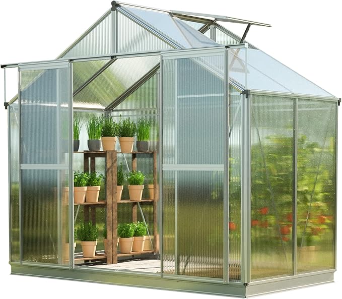 Greenhouse Topas 2 Aluminum Frame 7.4 x 4.4 ft Approx. 8 mm Polycarbonate Panels - with Bonus Base Frame and Automatic Vent Opener