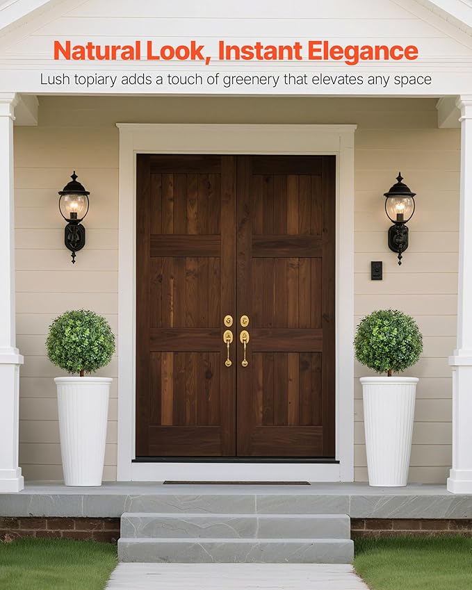 VEVOR Artificial Topiary Boxwood Trees with Ground Spike, 22 inch 2 Set Faux Shrubs & Bushes Potted Plants, Fake Silk Tree Look Real for Decor Front Porch Outdoor Indoor Patio Garden Balcony Backyard