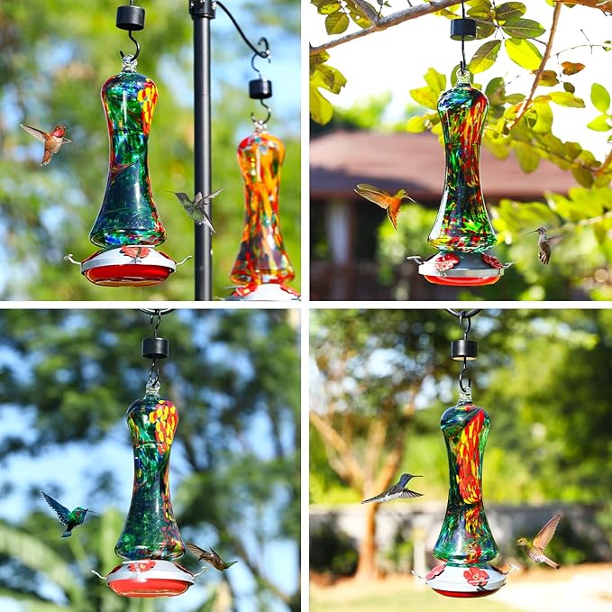 Glass Hummingbird Feeder for Outdoors: Window Hanging Hummingbirds Gifts for Women - Ant Moat Included, Metal Base with 4 Feeding Ports & Perch, Leak Proof, 38 fl.oz, Best Garden Decor