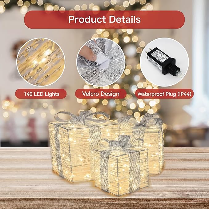 Set of 3 Christmas Lighted Gift Boxes, Plug-in 140 LED Light Up Present Boxes for Christmas Decorations Indoor Home Porch Wedding Holiday Birthday Party (Silver Bow)