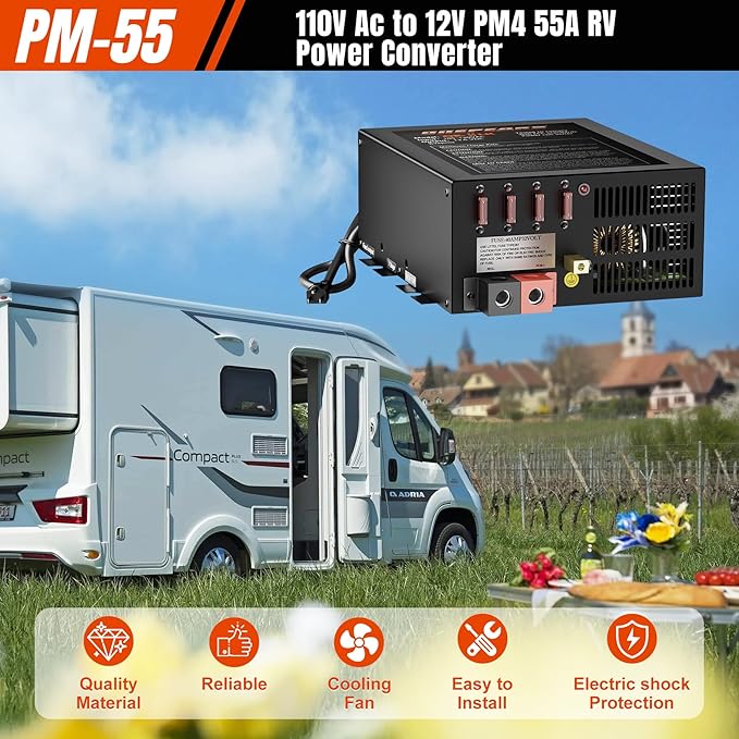 PM4 55Amp RV Power Converter - Power Converter with Built-in 4 Stage Smart Battery Charger - Multiple Capacities 55A 110V AC to 12V DC 55Amp Battery Charger RV Power Converter Replacement