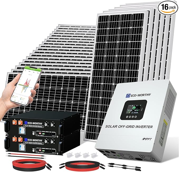 ECO-WORTHY Complete Off-Grid Solar Kit：5000W 120V/48VDC Solar Off-Grid Inverter+10.24kWh Integrated Communication Battery Bank+24×195W Mono Solar Panels | Off Grid, Residential, Home, Back Up