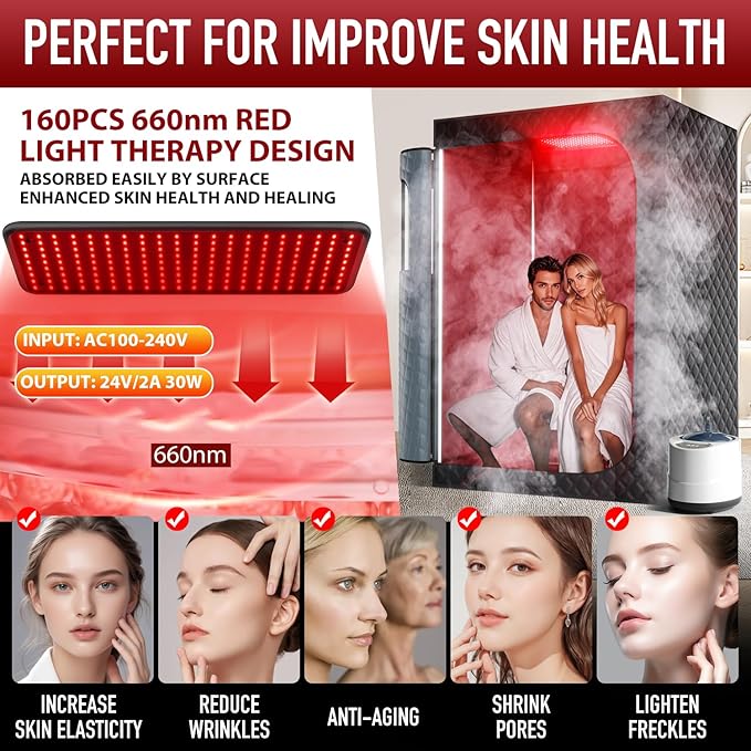 Upgraded 2 Person Sauna Portable Infrared Steam Sauna with 660nm Red Light Therapy Panel & 2X 3L 1300W Steamers, 2 Folding Chair, XXXL Sauna Box Sauna Tent Home Sauna, 72"x 50"x 36"