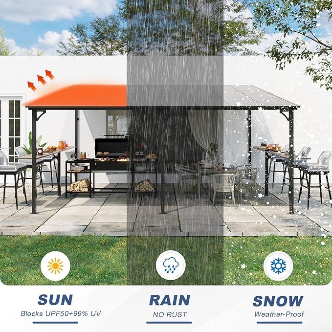 MEISSALIVVE 12' x 16' Wall Mounted Gazebo, Outdoor BBQ Grill Gazebo with Side Shelf, Lean to Metal Awnings with Sloped Roof, Heavy Duty Pergola for Backyard, Deck, Black