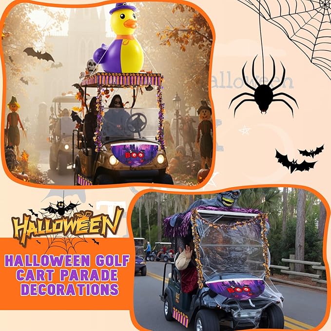 Hungdao 4ft Halloween Inflatable Witch Duck Halloween Golf Cart Decorations Kit PVC Blow Ups Witch Duck Tinsel Garlands Tinsel Streamers Fan Flag, Reusable Outdoor Decoration for Parade Yard