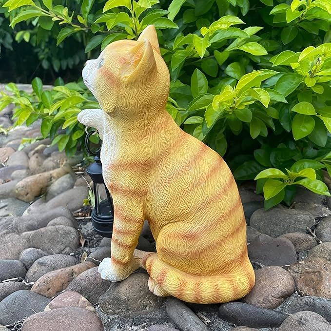 Garden Decor Solar Cat Statues with Solar Lantern Outdoor Decor Lovely Tabby cat Figurine Halloween Yard Decoration Spooky Lawn and Garden Decor Holiday Party Ornament for Cat Lovers