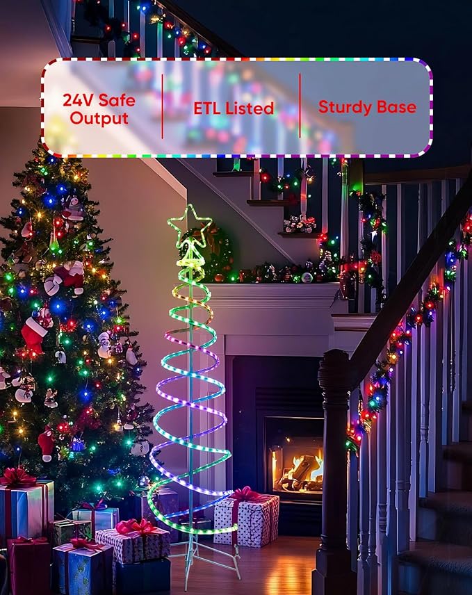 Double Spiral Christmas Tree Light Outdoor, Color Changing Remote Control Outdoor Light Up Christmas Tree with 8 Modes, 24V Plug&Play ETL Waterproof for Xmas Yard, RGB+IC, 7FT