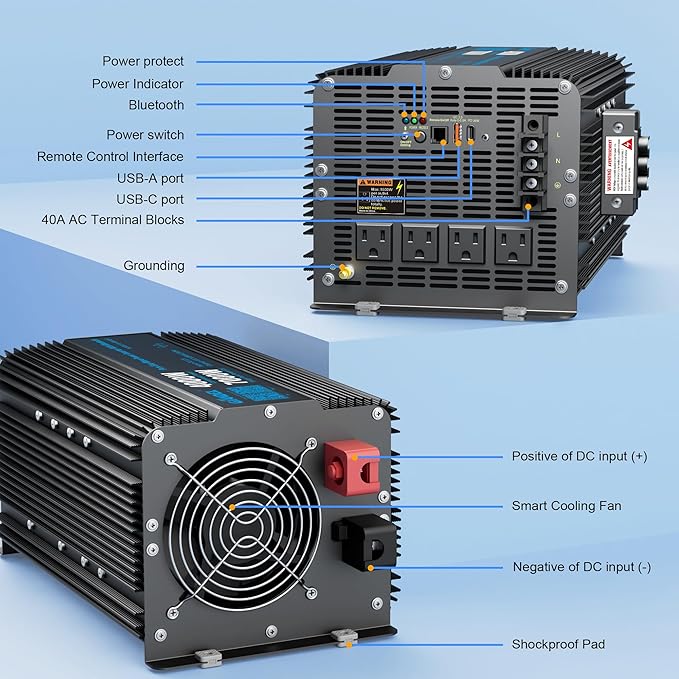 GIANDEL 4000W Pure Sine Wave Power Inverter 12V to 120V AC,7000W Surge,Compatible with All 12V Batteries,Bluetooth Control,30FT Wired Remote,FCC Approved for RV Campers Off-Grid Solar Systems