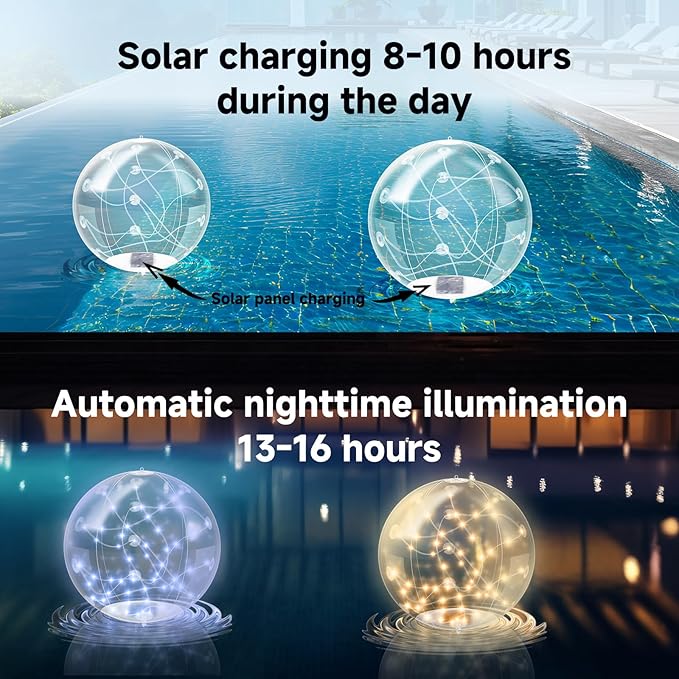 2 Pack Solar Floating Pool Lights, 14 Inch RGB Inflatable LED Pool Balls with Remote, IP68 Waterproof Color Changing Pool Lights That Float for Swimming Pool Party Yard Outdoor Night Decor