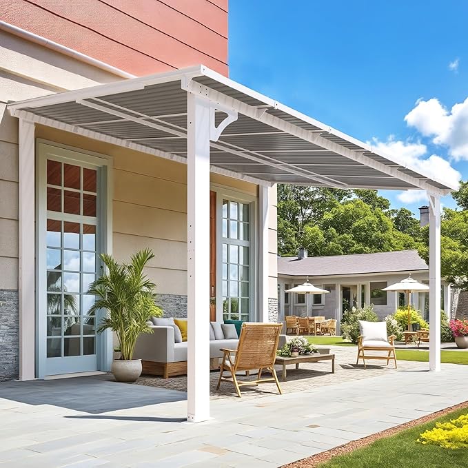 AECOJOY 12' x 8' Outdoor Gazebo Pergola for Patio, Large White Hardtop Lean to 8x12 Gazebo Shelter Pergolas and Gazebos Clearance with Patio Roof, Large Wall-Mounted Heavy Duty Awnings for Patio