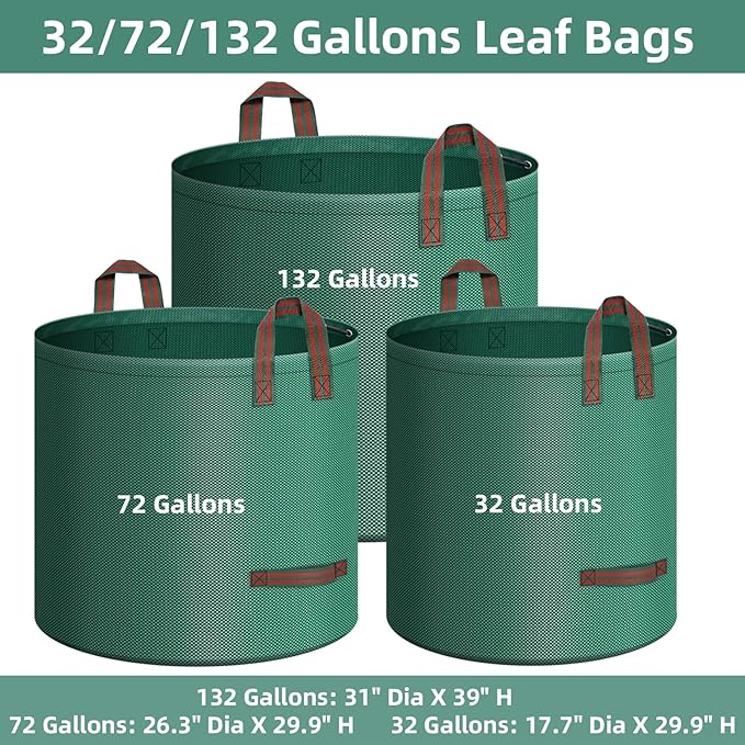 2-Pack 32 Gallons Leaf Bags, Reusable Yard Waste Bags, Heavy Duty Lawn Bags for Garden Leaves and Waste Collection, Lightweight Portable Yard Trash Bag