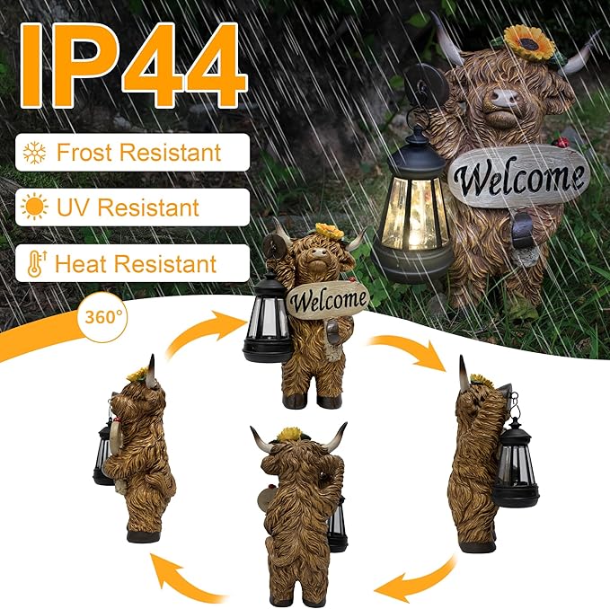 Solar Highland Cow Outdoor Statue with Latern for Garden, Outside Yard Lawn Decor Highland Cow Figurine Porch Patio Balcony Home, Birthday Gifts for Mom Women