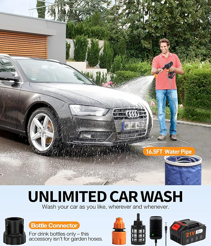 Cordless Pressure Washer Battery Operated, 500 PSI Cordless Power Washer with 6-in-1 Nozzle & Foam Cannon, Handheld Pressure Washer with Triple Water Source & 16FT Hose for Car, Home, Yard