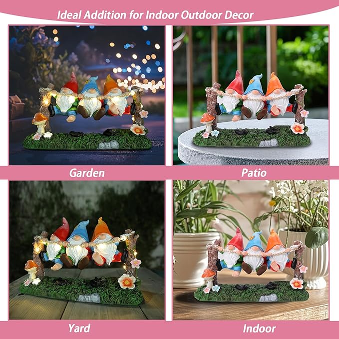Garden Gnome Statue, Solar Swing Gnomes Figurine with Flowers and Mushrooms, Waterproof Resin Outdoor Decor for Patio Lawn Yard Home Tabletop Decoration