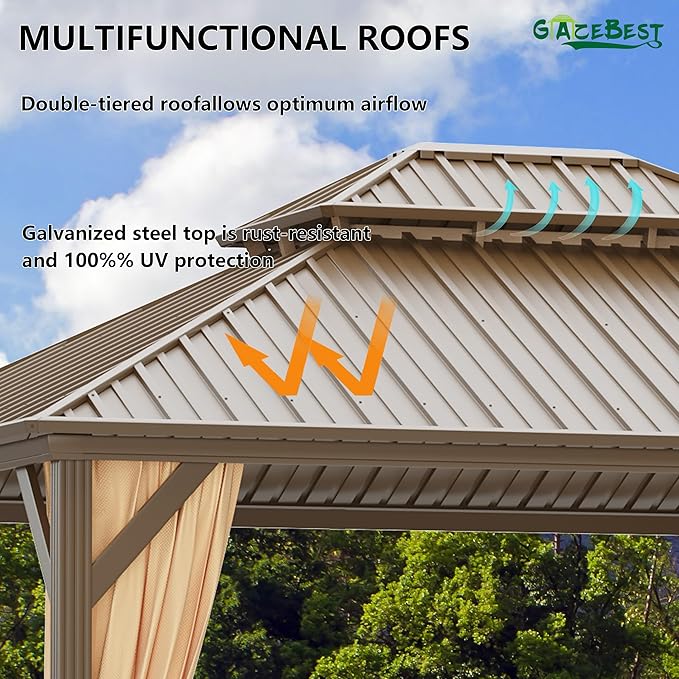 12'x14' Hardtop Gazebo Outdoor Aluminum Patio Gazebo Double Roof Galvanized Steel Canopy with Netting and Curtains,for Garden, Backyard,Deck and Lawns