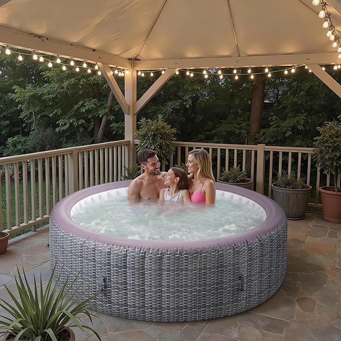 UHOMEPRO Inflatable Hot Tub Spa Set, Outdoor Bubble Massage Portable Hot Tubs with 130 Soothing Jets, Insulated Cover, Internal Heater Pump, 6 Filter Cartridges (Round)