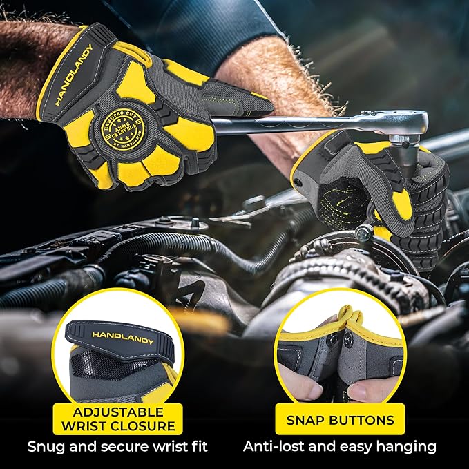 HANDLANDY Anti Vibration Gloves, SBR Padding, TPR Protector, Mechanic Work Gloves (Large, Black)