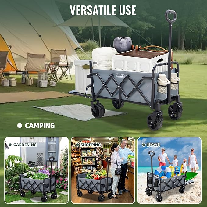 40'' Extra Long Collapsible Wagons Carts Foldable, 360LBS Foldable Wagon Cart with Wheels, Heavy Duty Portable Utility Wagon for Grocery, Shopping, Sports Garden & Camping - Gray