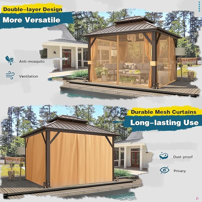 MELLCOM 10'x12' Hardtop Gazebo, Metal Double Roof Aluminum Gazebos with Curtain and Netting,Brown Permanent Galvanized Steel Pavilion for Patio, Lawn & Deck
