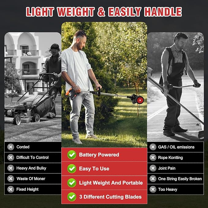 ALSO GO Cordless Weed Wacker, Grass Trimmer Fordable with 2 pcs Batteries & Charger, 3 in 1 Stringless Lightweight Weed Eater/Brush Cutter/Edger/Mower with 3 Types Blade & Wheels for Garden Yard Lawn
