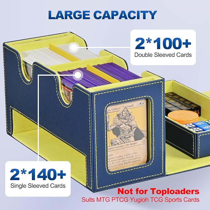 Card Deck Box for MTG, Double Deck Storage Box with 2 Commander Display & 1 Dice Tray, Fits 200+ Double Sleeved Cards, Card Organizer for CCG TCG Sports (Blue Yellow)