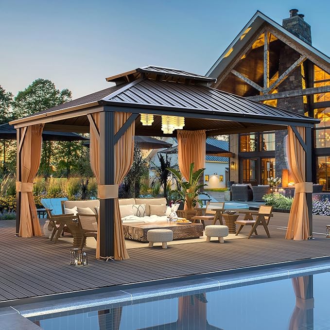 MELLCOM 12'x14' Hardtop Gazebo, Metal Double Roof Aluminum Gazebos with Curtain and Netting,Brown Permanent Galvanized Steel Pavilion for Patio, Lawn & Deck