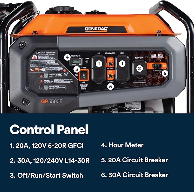 Generac 6,875 Starting Watt Portable Gas Generator - Electric Start - Home Backup or RV Ready - Heavy Duty Frame - Quiet, Long Runtime, Emergency Power - 50-State Compliant
